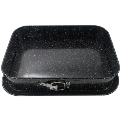 A black springform pan with a speckled pattern and a silver latch is shown from a slightly elevated angle against a white background.