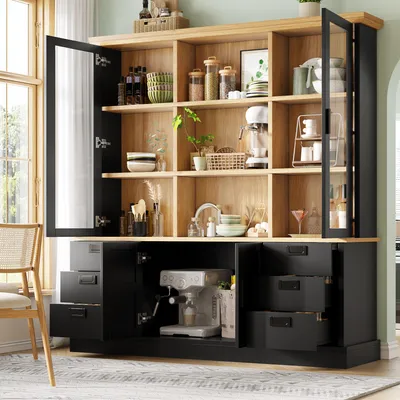 Produktbild von MODFU Küchenhochschrank Aufbewahrungsschrank mit Kippschutz und Metallschienen Vitrine mit Glastüren Küchenschrankmit 6 Schubladen für Küche und Esszimmer Schwarz