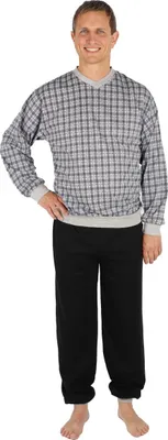 Produktbild von Pyjama Herren lang Schlafanzug Schlafkleidung Nachtwäsche, Farbe:grau/ schwarz, Größe:M