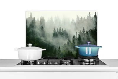 Obrázok produktu pre MuchoWow® Splashback Kuchyňa - Kuchynský backsplash - Ochrana steny pre sporák a drez Les - hmla - stromy - príroda 70x50cm Alu-Dibond (alternatíva k