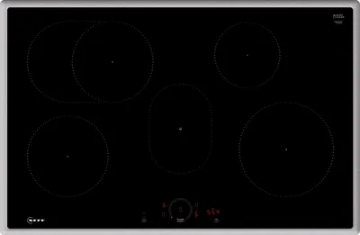 A top-down view of a black induction hob with five cooking zones. The control panel with digital displays is at the bottom.