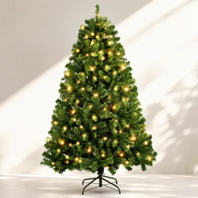 Image de Arbre de Noël artificiel de 183 cm, équipé de 250 LED blanc chaud, avec 8 modes d'éclairage, 800 extrémités décoratives, système pliable, ignifuge, et livré avec un pied en métal, idéal pour la maison et le bureau