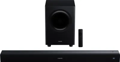 A black soundbar, subwoofer, and remote control are displayed against a white background.