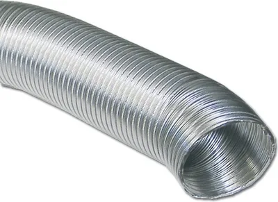 A flexible aluminum dryer vent hose against a white background.