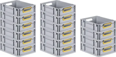 Produktbild von SuperSparSet 16x Eurobox NextGen Color | HxBxT 12x30x40cm | 11 Liter | Griffe gelb offen | Glatter Boden | Grau | Eurobehälter, Transportbox, Transportbehälter, Stapelbehälter