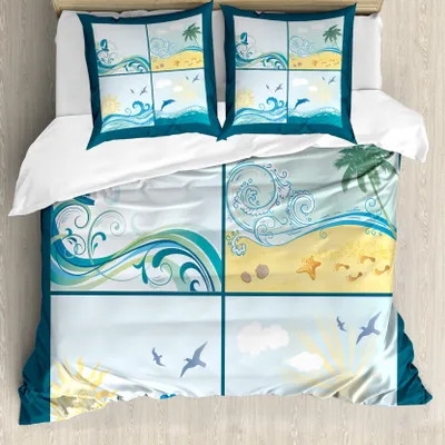 Produktbild von ABAKUHAUS Strand Bettbezug, Maritime Themed Waves, Milbensicher Allergiker geeignet mit Kissenbezügen, 200 cm x 200 cm - 80 x 80 cm, Blau Beige Grün