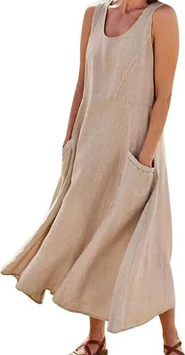 Produktbild von ASKSA Damen Sommer Baumwoll Tankkleid Einfarbig A-Linie Strandkleid Lose Kleider Sommerkleid mit Taschen, Khaki, XL