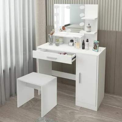 Produktbild von ML-Design Schminktisch Weiß mit Hocker, Frisiertisch mit LED-Beleuchtung, Spiegel, mit 1 Schublade, 3 Fächer & Schrank, 90x38x137 cm, aus MDF Holz