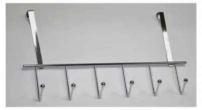 Produktbild von Türgarderobe mit Hakenleiste aus Stahl in glänzendem Chrom, 6 Haken, 465 x 245 x 50 mm