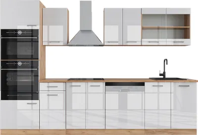 Produktbild von Vicco Kuchyňský kout R-Line, 300 cm s vysokou skříní, bez pracovní desky, Bílý vysoký lesk/zlatý dub power
