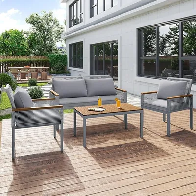 Produktbild von Gartenlounge Set, Gartenmöbel Set mit bequemem Kissen, Doppelsofa,2 Sessel und Tisch, für den Außenbereich Terrasse, Gartenlounge, Grau