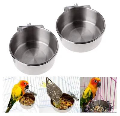 Produktbild von 2 Stück Edelstahl Vogelnapf Futter Schüssel, Fütterungsbecher zum Aufhängen für Käfig-Futterstation für Samen für Vögel