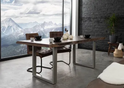 Produktbild von MASSIVMOEBEL24 Baumtisch Akazie 180x90x77 grau lackiert / U-Beine silber matt FREEFORM 5