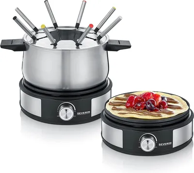 Produktbild von Severin Fondue-Crêpes-Kombi FO 2471: Edelstahl, schwarz, spülmaschinengeeignet, mit 8 farblich markierten Gabeln für Fondue & Crêpes