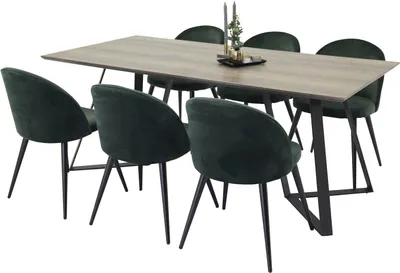 Produktbild von MarinaGRBL Essgruppe Esstisch El Holz Nachbildung grau und 6 Velvet Esszimmerstühle Velour grün, schwarz.