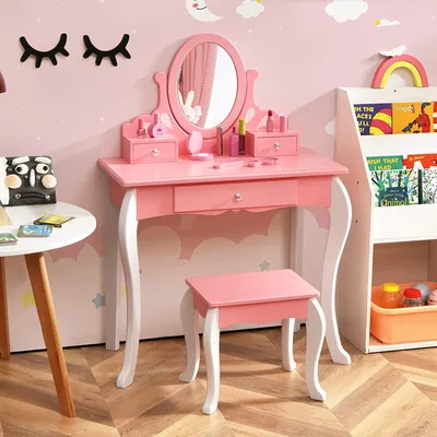 Produktbild von GOPLUS Kinder Schminktisch-Set, Exquisiter Frisiertisch inkl. Hocker & 360° Drehbarer Spiegel & 3 Schublade, Kosmetiktisch in Prinzessinnenstil, Schminkkommode für Mädchen (Rosa)