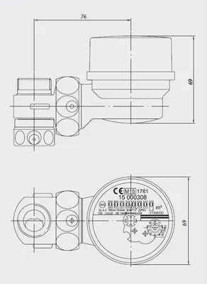 Technical drawings of a water meter with dimensions and specifications.