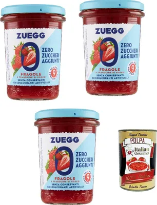 Produktbild von Zuegg Zero Fragole, Erdbeeren Marmelade Jam Ohne Zuckerzusatz,Frei von Konservierungsstoffen 3x 220g Glas + Italian Gourmet Polpa di Pomodoro 400g Dose