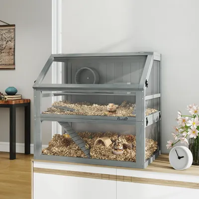 Zdjęcie produktu dla Drewniana klatka dla chomików, 3 poziomy, klatka dla gryzoni z drewna sosnowego i akrylu, klatka dla małych zwierząt z wyjmowanymi poziomami, Nagarium, jasnoszara | 80 x 50 x 76 cm | 12,5 kg | głębokość dna 31 cm