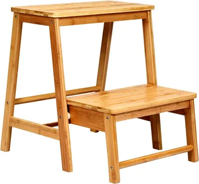 Zdjęcie produktu dla COSTWAY 2-stopniowy stołek, składany stołek drabiniasty, stołek wykonany z bambusa, drabinka z obciążeniem do 100 kg, drabinka domowa naturalna, stołek drabiniasty do biblioteki lub do domu, 45 x 51 x 48 cm