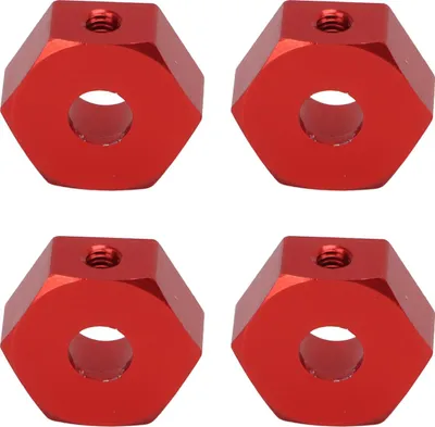 Imagen del producto de 4 unidades de tuercas hexagonales para ejes de ruedas de coche a control remoto a escala 1/10, con un diámetro de 14 mm, fabricadas en aluminio. Ideales para modelos como AMMRA Big Rock, Typhon y Senton. Color: rojo