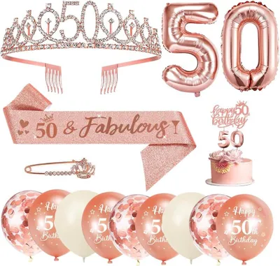 Immagine prodotto di Set di decorazioni per il 50° compleanno di una donna, color rosa oro, che include una , una fascia e un set di palloncini