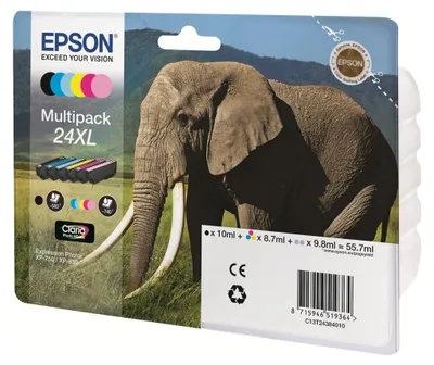 Produktbild von Epson Elephant 24 Elefant Claria Photo HD Multipack 6 Farben Tinte, Standardertrag, Schwarz, Cyan, Helle Cyan, Magenta, Helle Magenta, Gelb, 5,1 ml, 4,6 ml, 1 Stück(e), Multipack