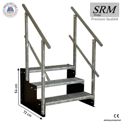 Produktbild von 3 Stufen Standtreppe Modell 2 freistehend schwarz Treppe Stahltreppe Tritthöhe 18 cm Breite 120 cm Höhe 54 cm 2x Geländer