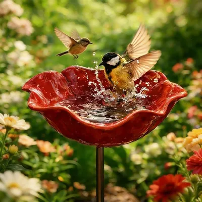 Produktbild von 1 Stuick, Vogeltränke Blume aus Metall,Handgefertigter Gartenstecker,Winterfeste Vogeltränke & Insektentränke,Bienentränke für Garten und Terrasse,Rot