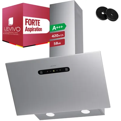 Image de Hotte aspirante sans cadre LEVIVO A+++ 60 cm en mode recyclage & évacuation, débit d’air 420 m³/h, 3 niveaux & booster, 2 LED, hotte avec 2 filtres à charbon actif