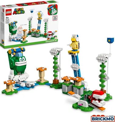 A LEGO Super Mario expansion set is displayed, with the product box in the background and the assembled toy in the foreground.