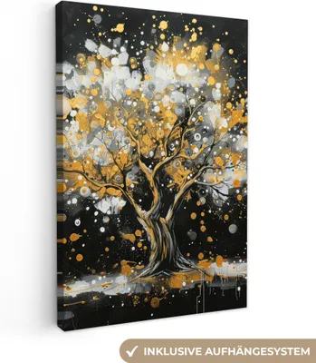 Produktbild von MuchoWow® - Leinwandbilder - Baum - Schwarz - Gold - Weiß - Modern, Wandbild, Wanddeko Bilder Wohnzimmer, 40x60 cm
