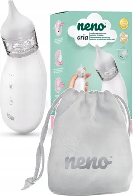 A product collage showing a white electronic nasal aspirator, its packaging, and a storage pouch.