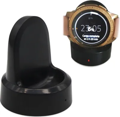 A product shot of a smartwatch charging stand and a smartwatch on its charger.