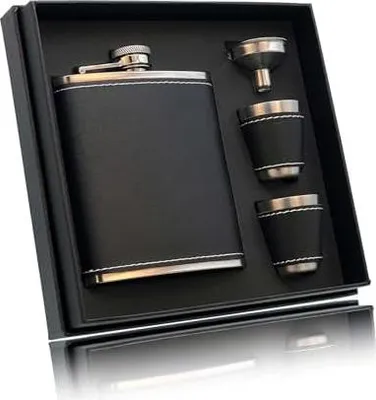 Produktbild von Flachmann für Spirituosen und Whisky 7 oz / 200 ml,Schwarz Flachmann Edelstahl,flachmann leder mit 2 Bechern und 1 Trichter,hip flask Whiskyflasche,für Wandern und Camping usw.