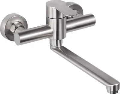 A stainless steel kitchen faucet with a swivel spout, mounted on a white background.