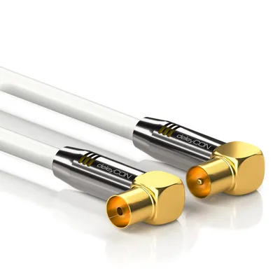 Produktbild von deleyCON 10m TV Antennenkabel HDTV Full HD - 2x gewinkelt - Koaxialkabel - TV-Stecker (90° Grad) zu TV-Buchse (90° Grad) - Metallstecker - Weiß