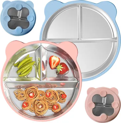 Produktbild von Baby Teller mit Saugnapf, BPA-frei, Edelstahl und Silikon, Multifunktional, Rosa & Himmelblau
