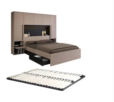 Produktbild von Bett mit Bettüberbau, Stauraum & LEDs + Lattenrost - 160 x 200 cm - Naturfarben & Schwarz - VELONA