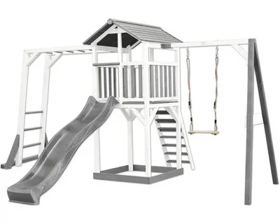 Produktbild von AXI Beach Tower Spielturm aus Holz in Weiß & Grau | Spielhaus für Kinder mit grauer Rutsche, Klettergerüst, Schaukel und Sandkasten | Stelzenhaus für