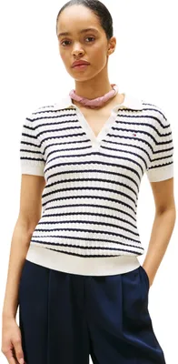 Produktbild von Tommy Hilfiger Damen Poloshirt Kurzarm Cable Sweater mit Knopfleiste, Mehrfarbig