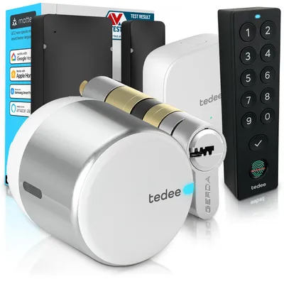 Image de Tedee GO2 Alu Serrure Connectée WiFi avec Bridge, Keypad PRO et Cylindre EXXO Smart | Sécurité Classe 6, Empreinte Digitale | Compatible Matter, Alexa