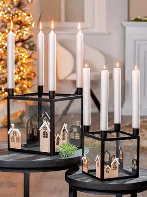 Image de Gilde 2er Set, Adventsleuchter, quadratisch, "Winterschnee", Hausmotiv, Glas, Holz, Metall, schwarz, VE 2, L. 22 cm, B. 22 cm, H. 25 cm 55870 4063387558706
