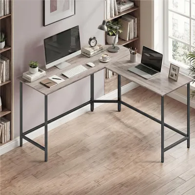 Obrázek produktu pro VASAGLE Rohový psací stůl, L-tvar, počítačový stůl, 140 x 140 cm, pro kancelář, snadná montáž, barva: světle šedá/černá