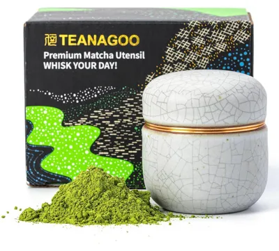 Immagine prodotto di Contenitore in Vetroceramica per matcha, capacità 2,8 oz, con doppio sigillo e coperchio in alluminio, colore avorio con dettaglio nero