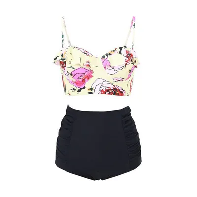 Produktbild von Sexy plavky s vysokým pasem a špagetovými ramínky Falbala Tankini Set, Red Flower/L
