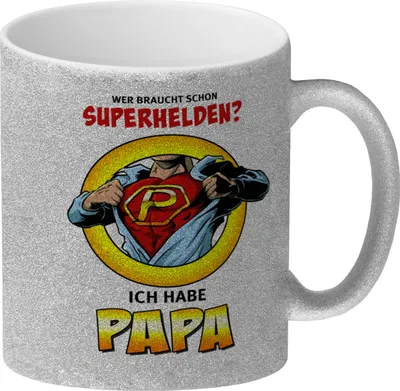 Produktbild von Glitzer-Kaffeebecher Comic mit Spruch - Wer braucht schon Superhelden? Ich habe