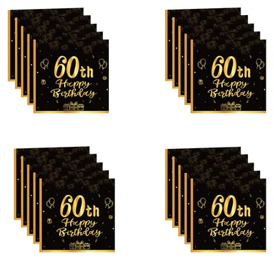20 Papierservietten, 60. Geburtstag, Schwarz-Gold, Happy Birthday