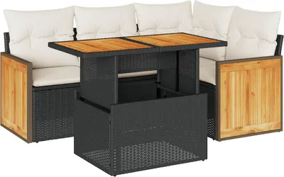 Produktbild von vidaXL 5tlg. Garten-Sofagarnitur mit Kissen Schwarz Poly Rattan Akazie