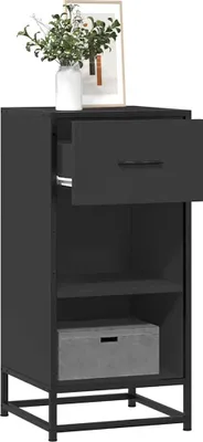 A black sideboard with an open drawer and a decorative box inside.